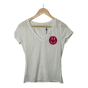 Juicy Couture White V-Neck Hot Pink Smiley Face Short Sleeve T-Shirt Sz Small